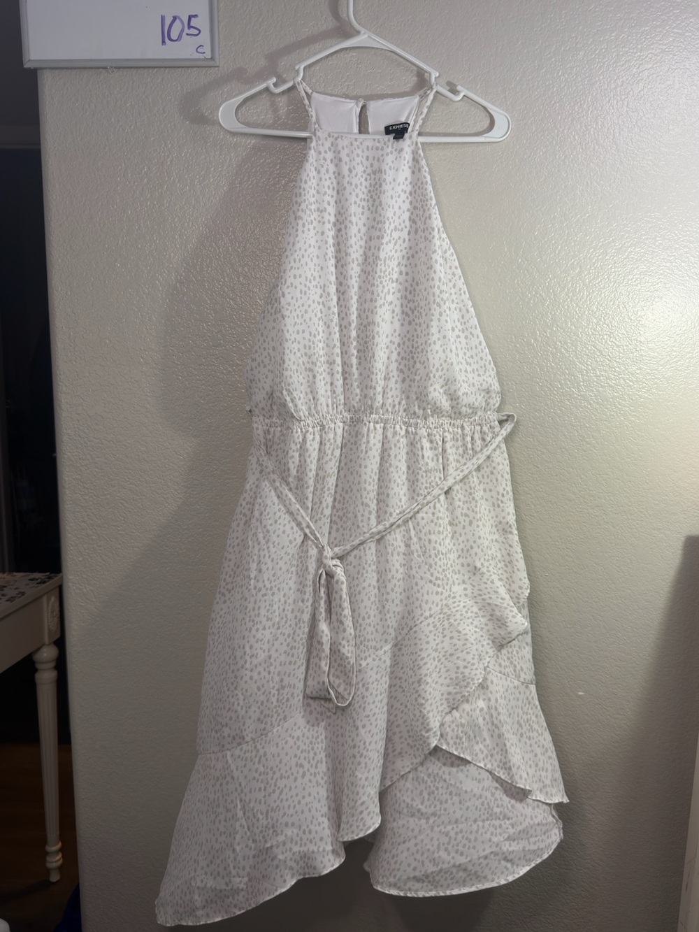 Express White Halter High-Low Dress with Subtle Gray Print